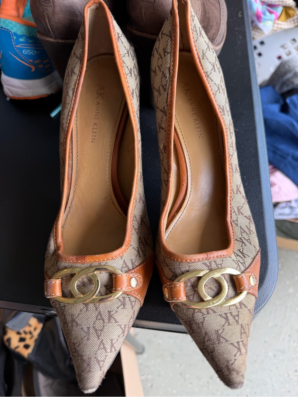Anne Klein Brown Monogram Pointed Toe Pumps with Gold Accent